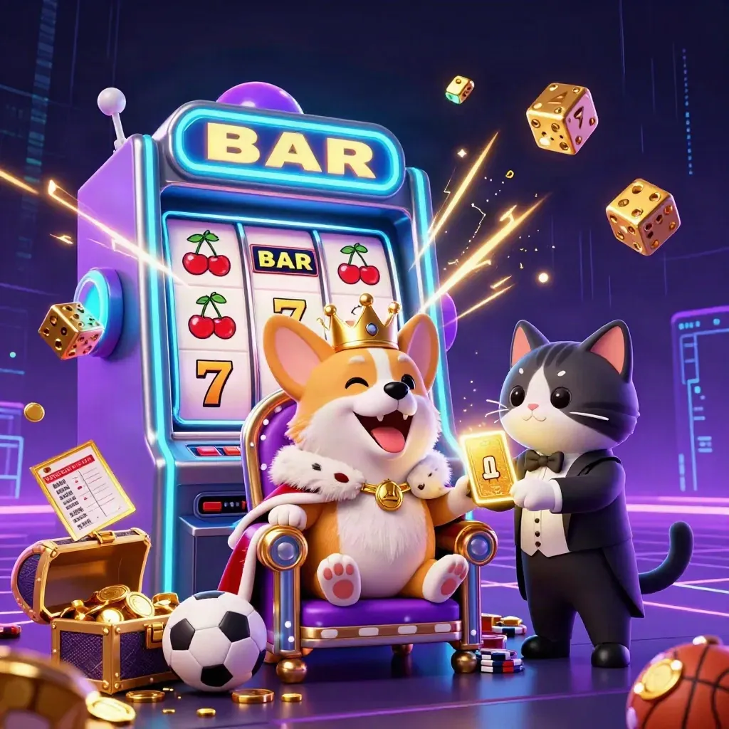 Royal corgi king and cat butler amid jackpot slot reels, gold, dice, and neon esports effects.