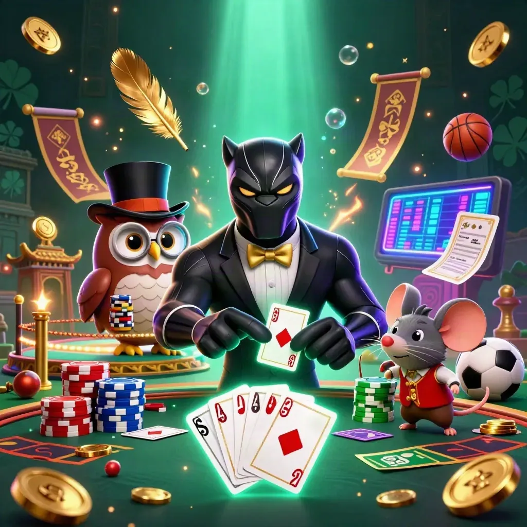 Panther, owl, and mouse in a neon casino scene with gold sparks and sports props