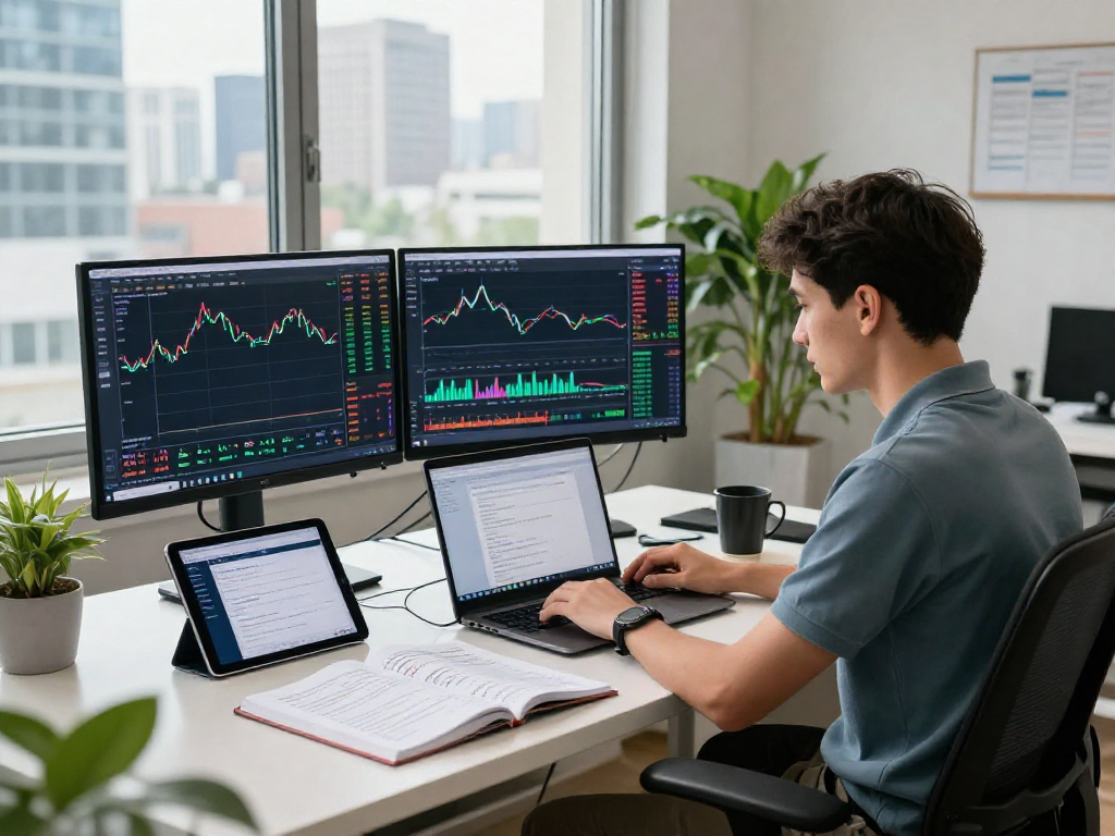 Developer working with an algorithmic forex data API in a modern workspace, analyzing real-time exchange rates and market trends.