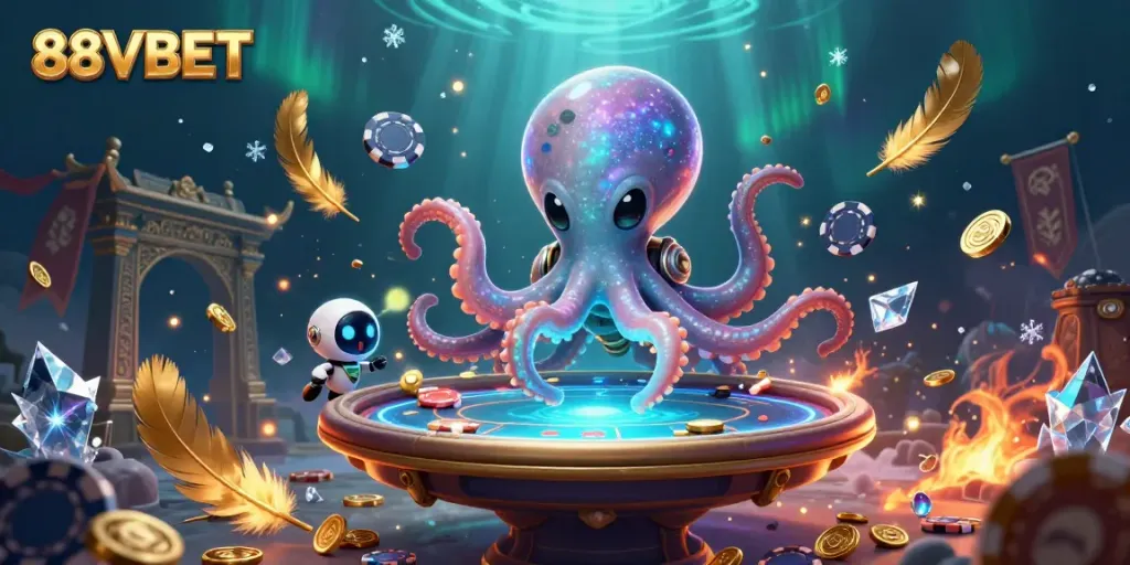 Join the excitement at 88VBET with a vibrant scene of an alien octopus playing poker in a cosmic casino.