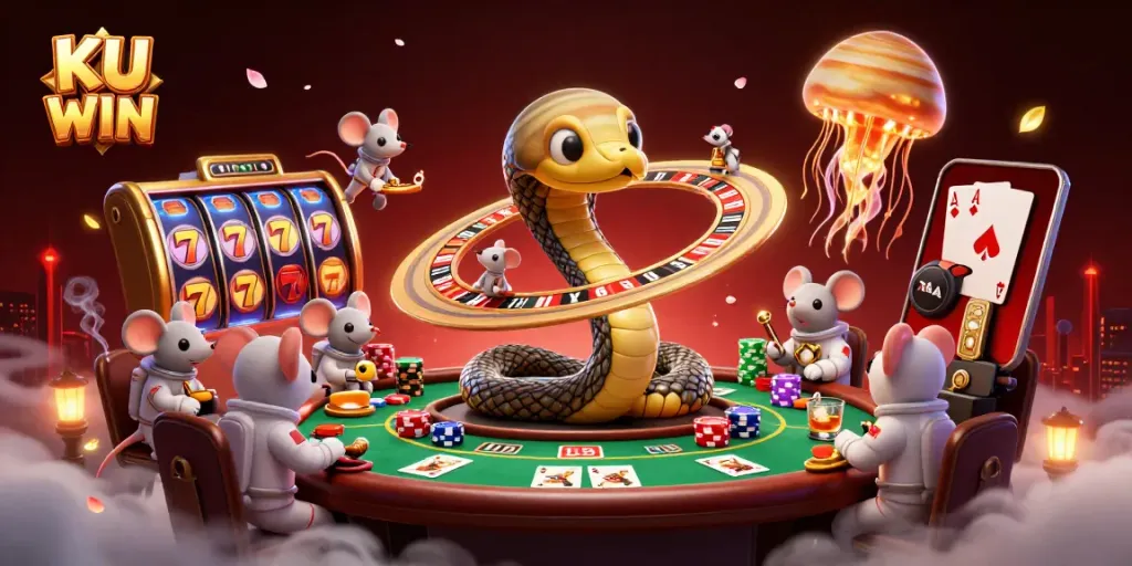 Engage in thrilling gambling at KU WIN with a mesmerizing cosmic illustration featuring gaming elements.