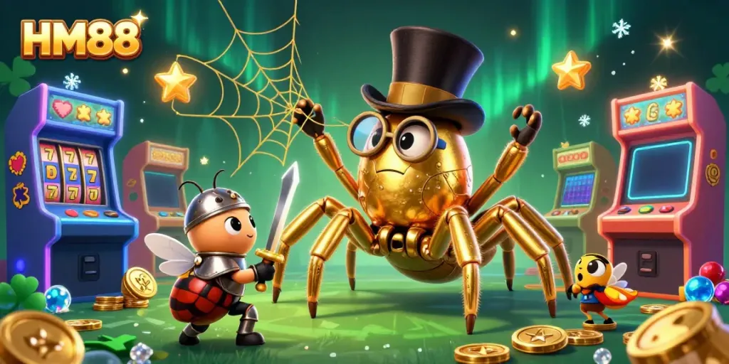 HM88 casino scene featuring a golden tarantula and a knight, animated slot reels, and jackpot symbols.