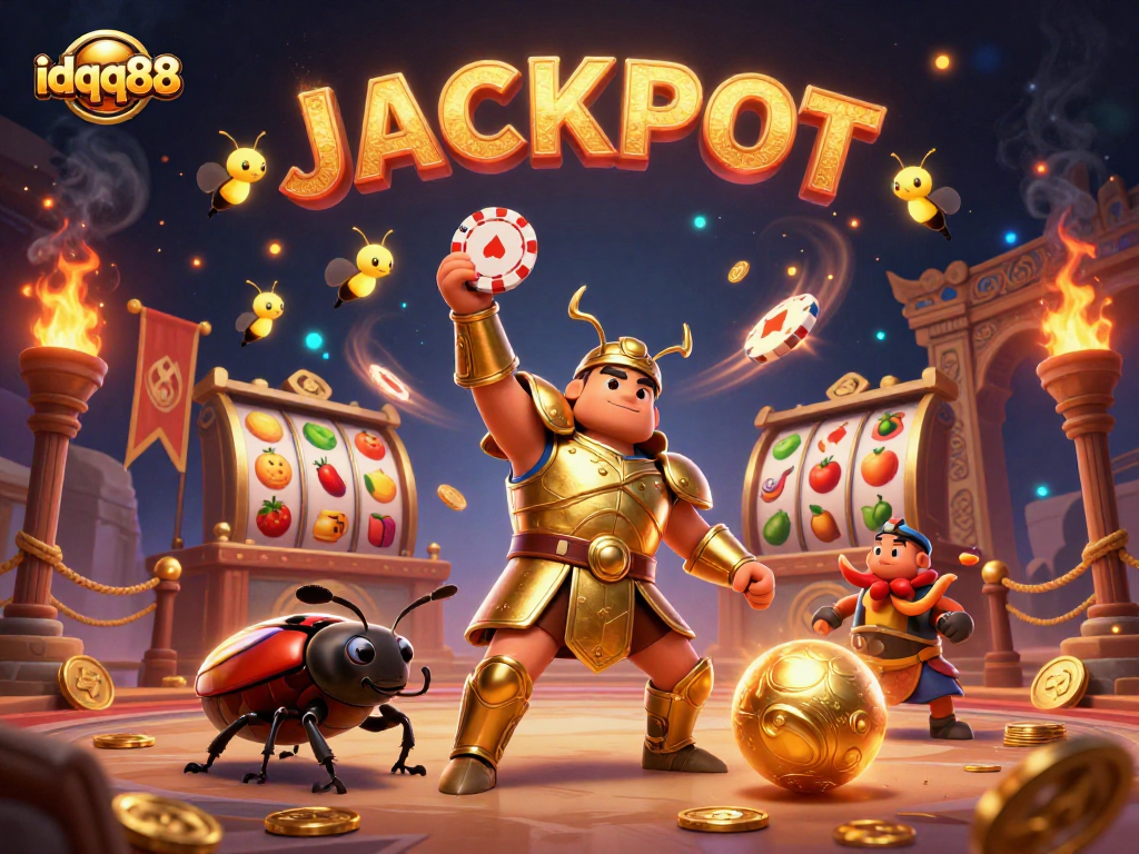 Experience the thrill of idqq88 gambling with characters winning a jackpot in a dynamic casino scene.