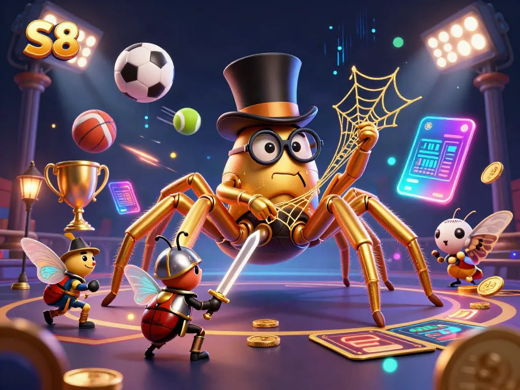 Experience the thrill with S8 as a golden tarantula and beetle knight navigate a vibrant casino scene.