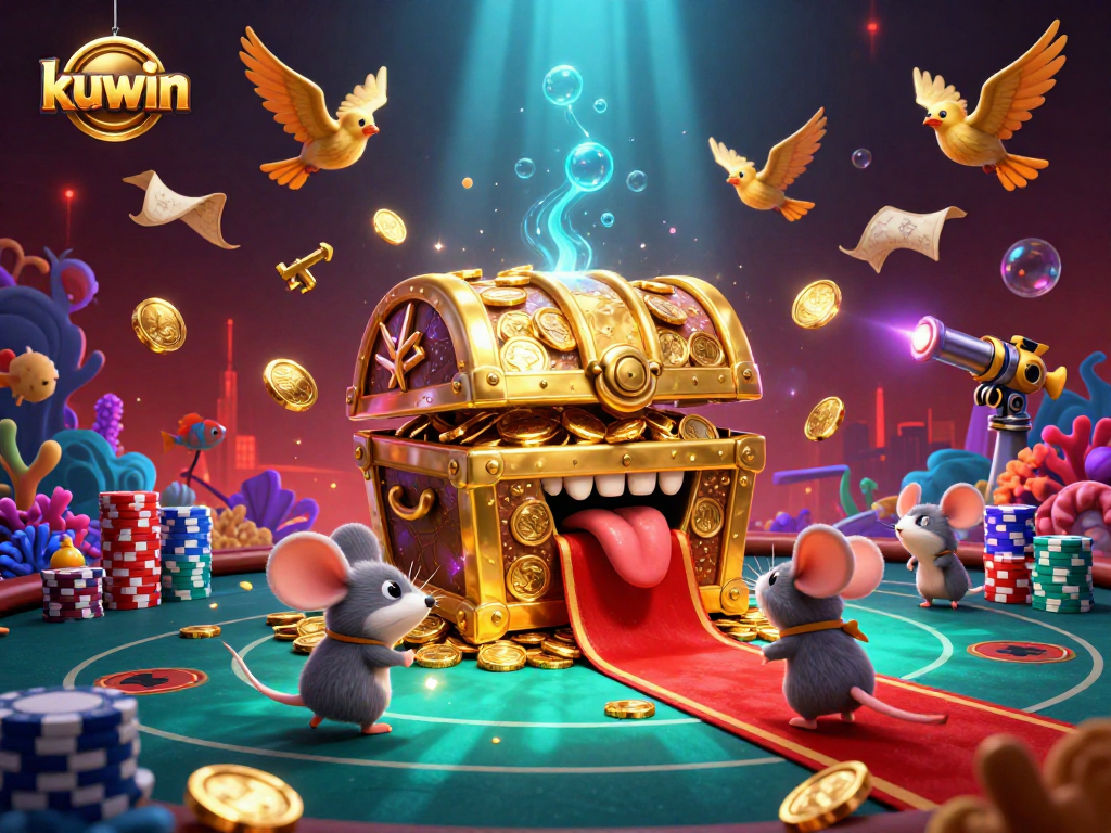 Kuwin's treasure chest lures adventurer mice with vibrant fish shooting game elements and poker chips.