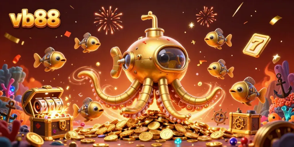 Join the exciting world of vb88 with a golden kraken submarine amidst treasures and slots!