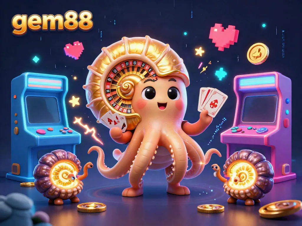 Experience the vibrant world of gem88 with an ancient nautilus-themed casino illustration, featuring casino elements and colorful gaming motifs.