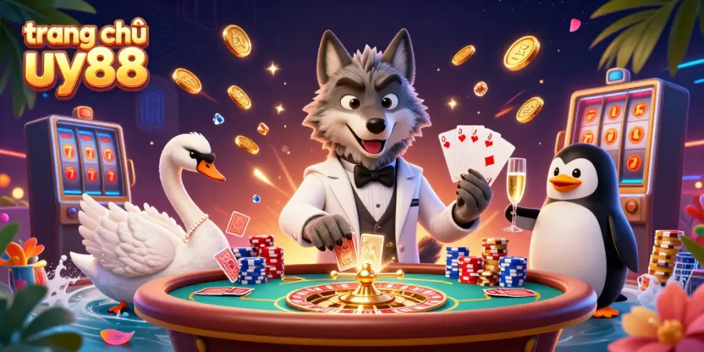 Play baccarat with style at trang chủ uy88 featuring debonair characters in a lively casino scene.