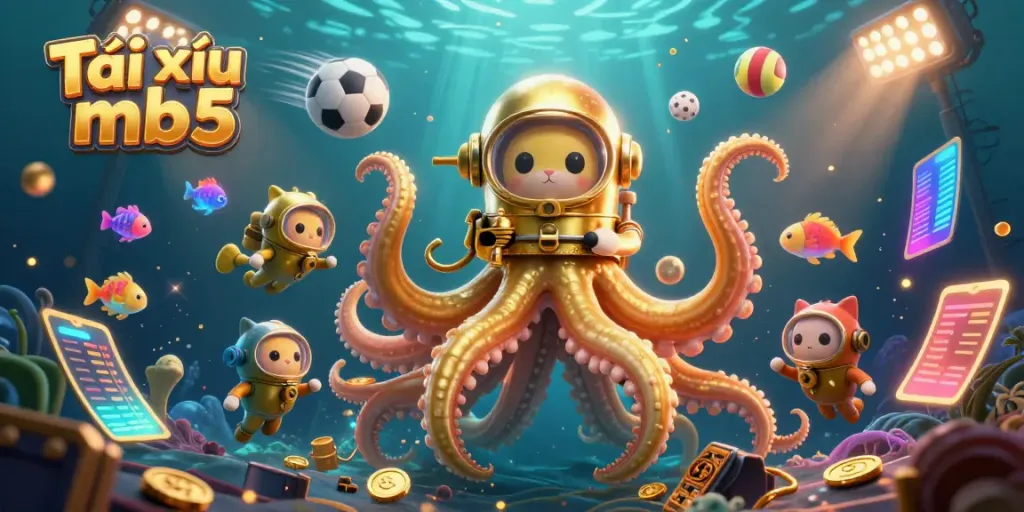 Experience the thrill of Tài xỉu mb5 with a colossal kraken and a diving cat in a vibrant underwater casino.