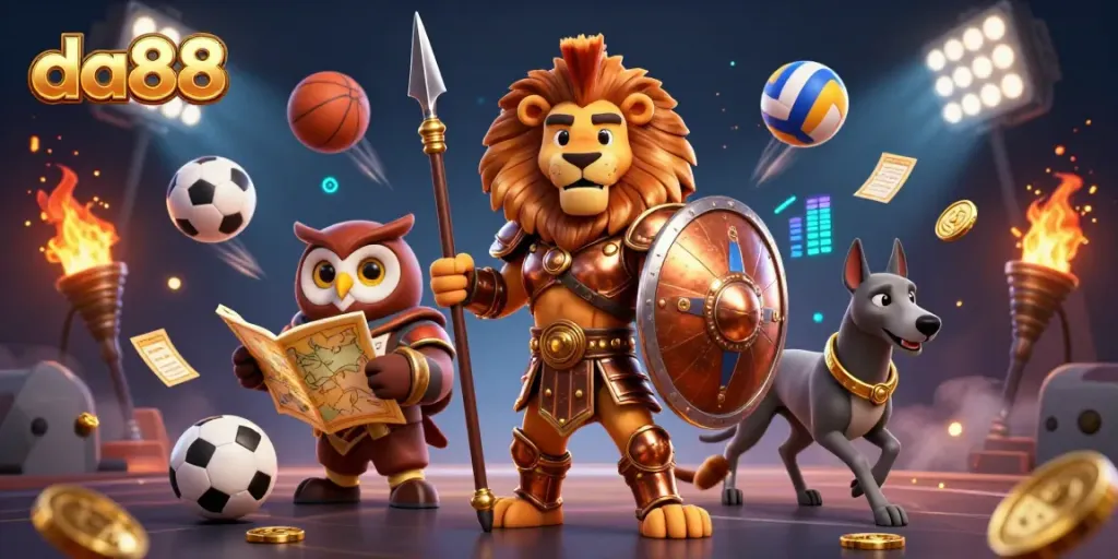 Experience thrilling gameplay at da88 with a heroic lion, strategic owl, and dynamic sports elements.