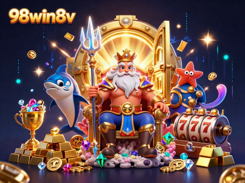 Experience thrilling slots at 98win8v with cosmic treasures and vibrant casino action in this 3D illustration.