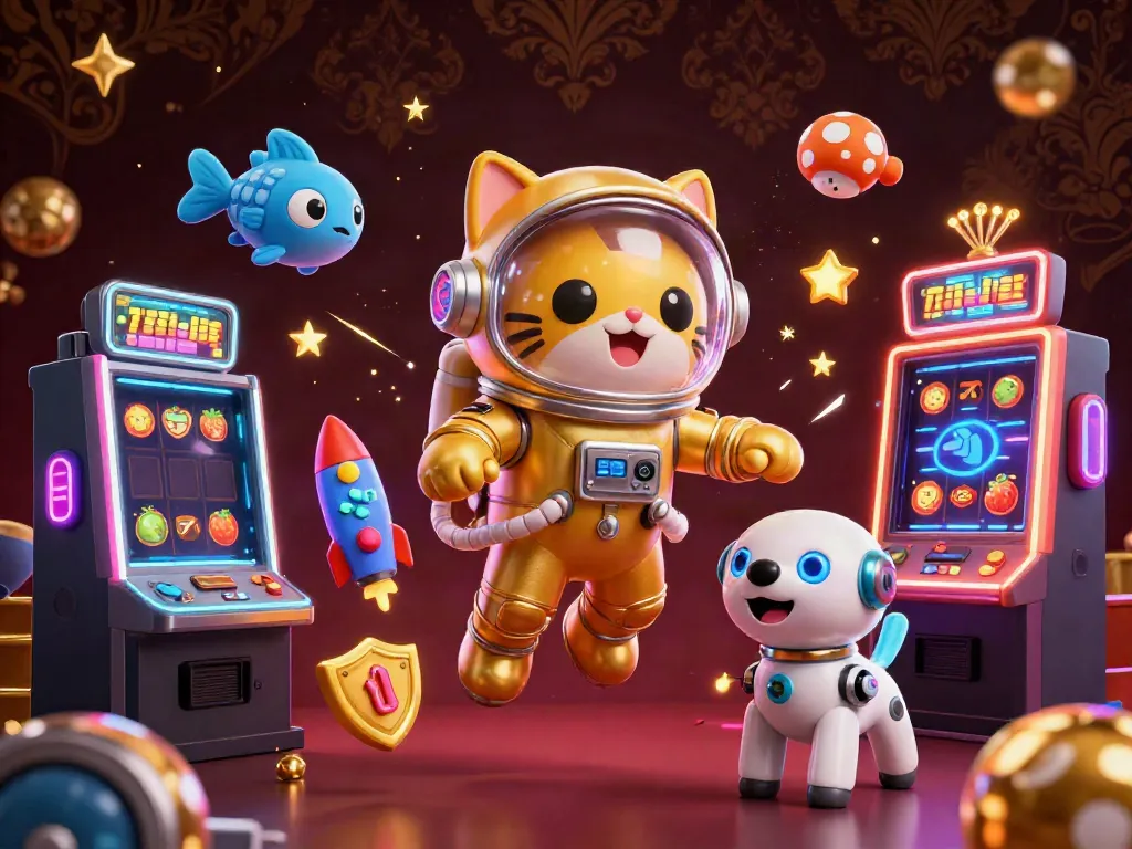 Experience exciting gameplay at 69vn with a playful golden astronaut cat and interactive casino symbols.