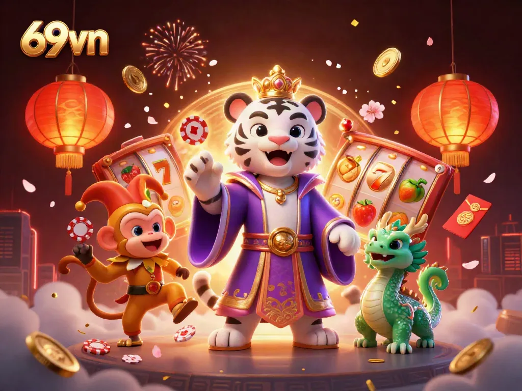 Engage in thrilling gameplay at 69vn with a vibrant illustration of lucky characters and casino symbols.