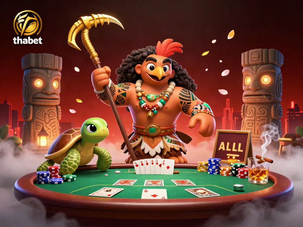 Experience the thrill of thabet with a dynamic poker scene showcasing a vibrant 3D illustration featuring iconic characters and game elements.