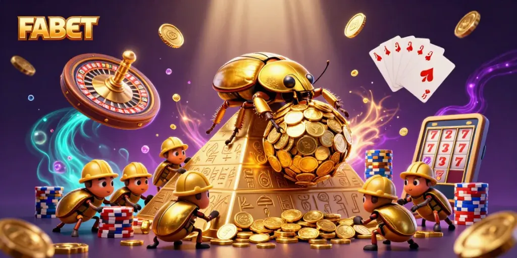 FABET showcases an exciting illustration of a golden beetle rolling coins in a vibrant casino scene.