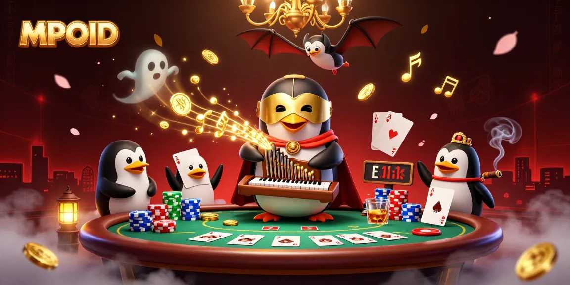 Experience MPOID's thrilling casino atmosphere with a dynamic illustration of a penguin playing an organ