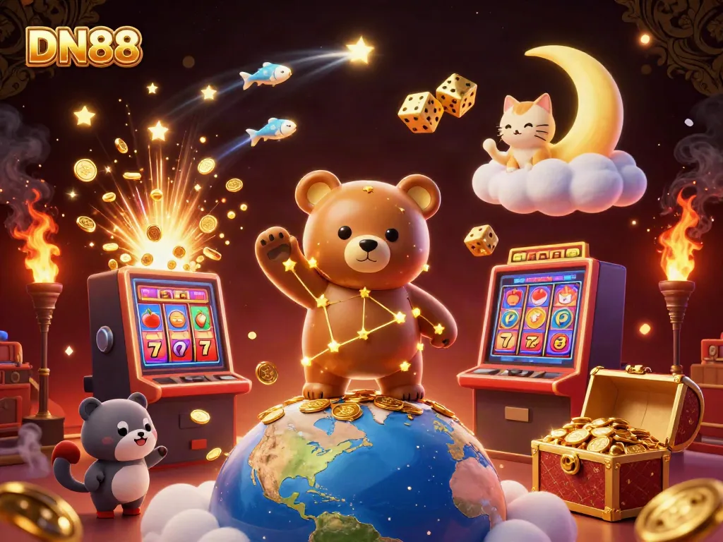 Experience DN88’s vibrant gaming world with golden star characters and exciting slot elements.