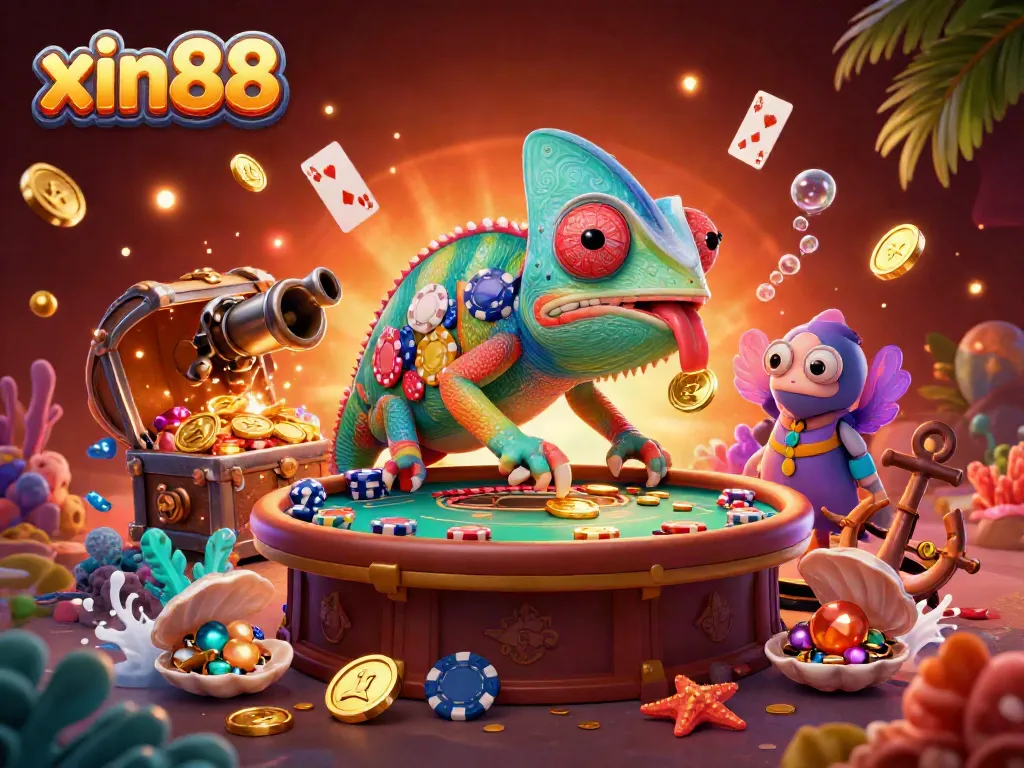 Experience the vibrant world of xin88 with a colorful chameleon casino owner amidst dynamic game elements.