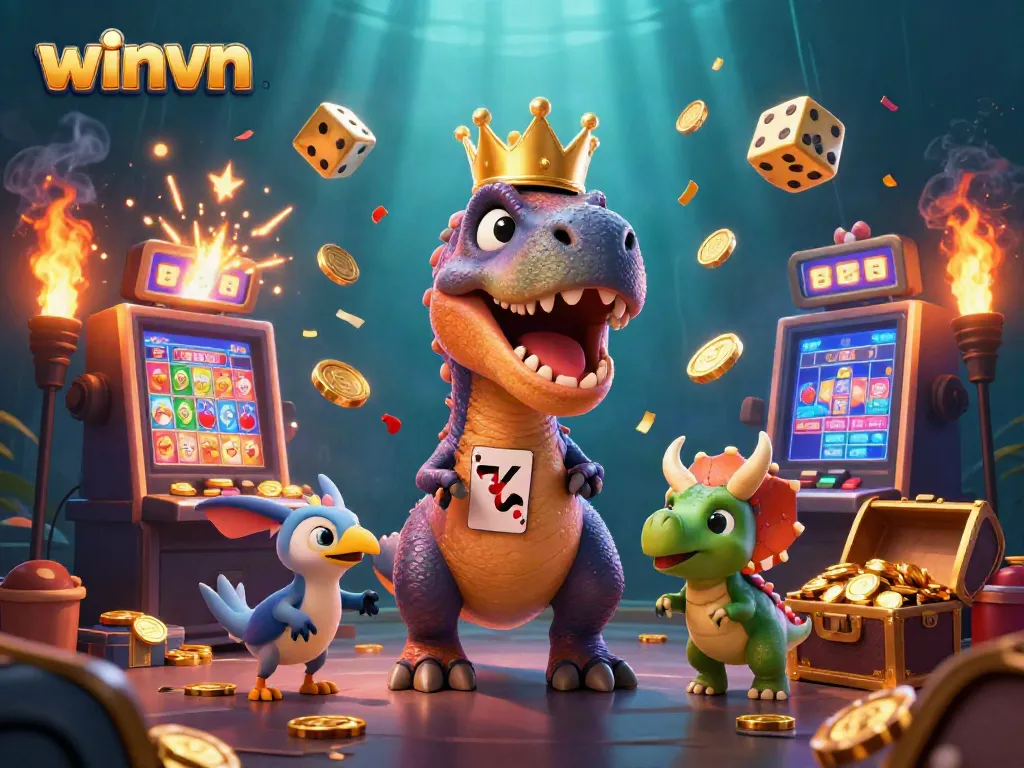 Engage with winvn through a vibrant 3D casino illustration showcasing playful dinosaurs enjoying gambling fun.