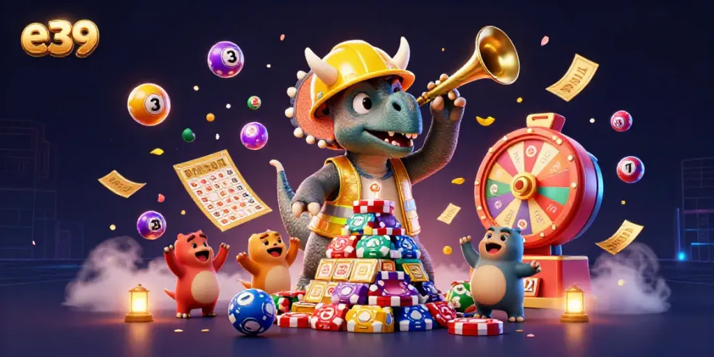 e39-themed celebration with cartoon dinosaurs and vibrant lottery elements in a dynamic casino scene.