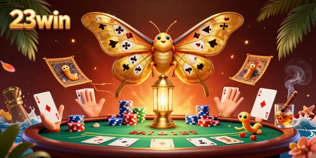 Engage with the vibrant world of 23win, featuring a colorful casino scene and dynamic playing card displays.