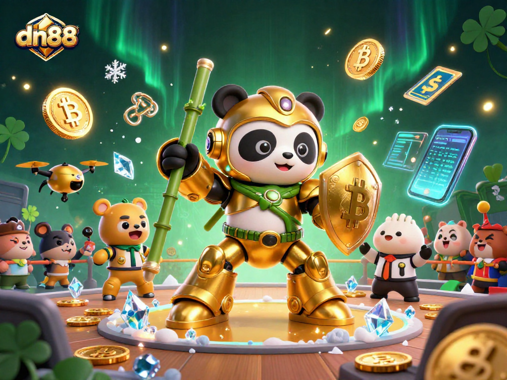 Experience thrilling action at dn88 as a golden panda battles in a mech suit surrounded by vibrant gaming elements.