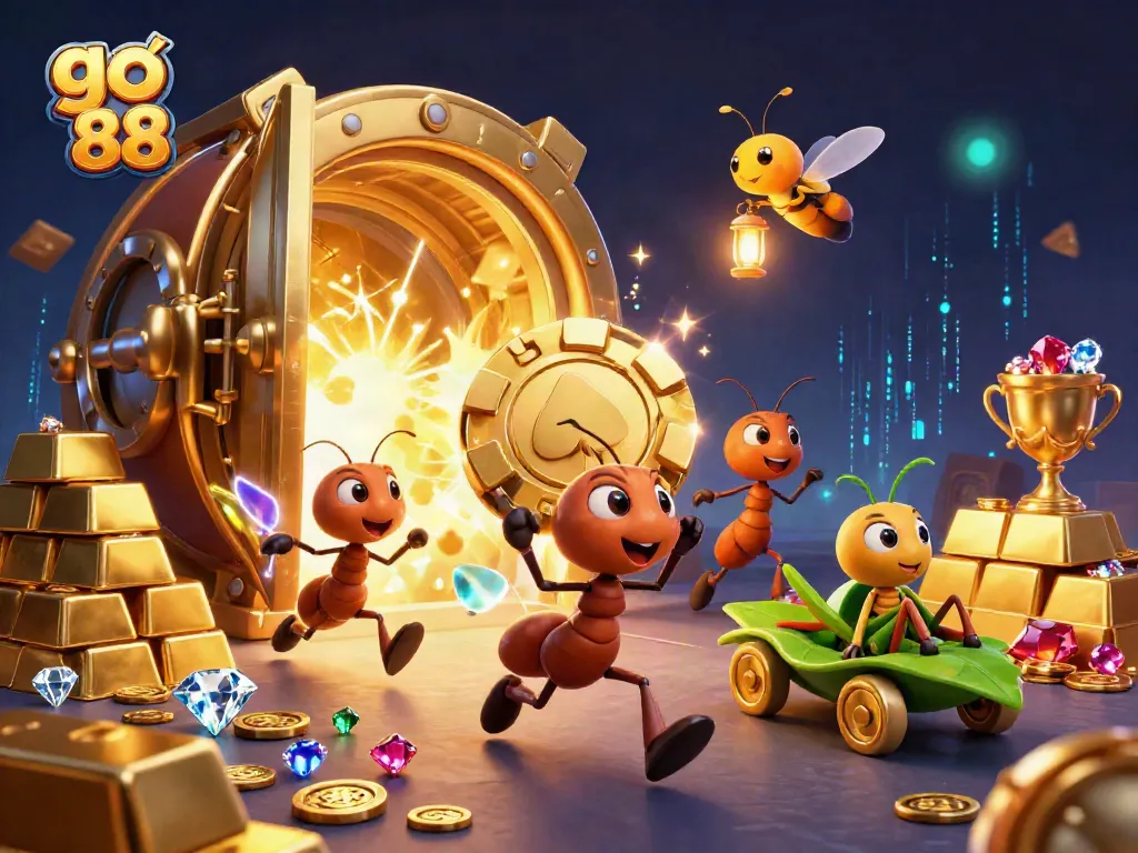 Engage with go 88 as ants execute a heist amidst gold and casino treasures in dynamic action.