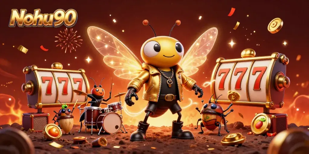 Experience thrilling jackpots with Nohu90 in this vibrant casino scene featuring animated characters and slot reels.