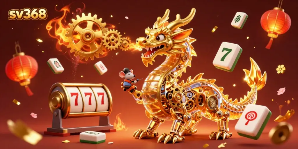 Spin the reels with sv368 in a vibrant, golden dragon gaming scene filled with casino elements and festive decorations.