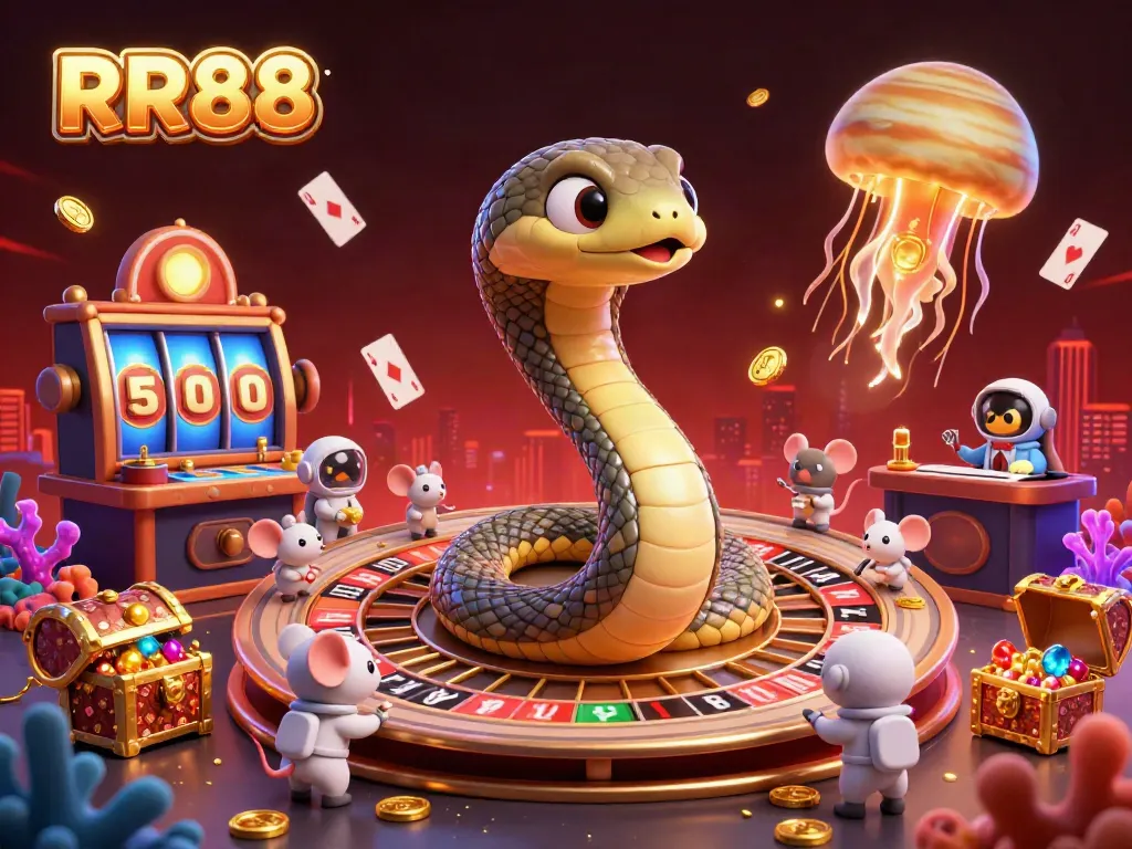 RR88 showcases a vibrant casino atmosphere with a cosmic dealer and astronauts betting, creating an engaging gambling scene.
