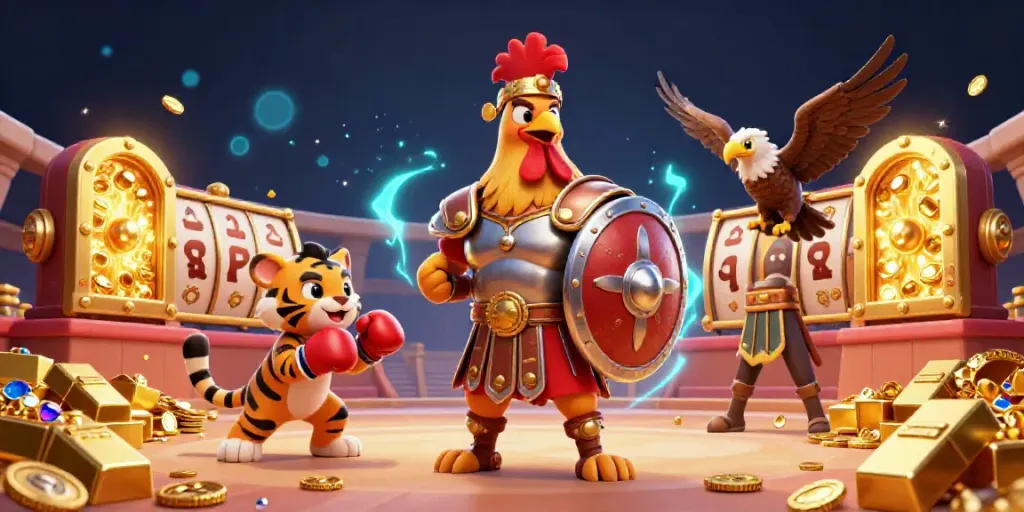 Engage in the Nổ hũ experience with a vibrant illustration showcasing the gladiator rooster amid treasures and casino elements.