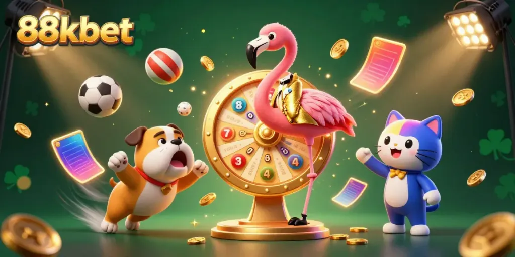 Excitedly betting in the vibrant world of 88kbet with animated characters, sports elements, and dynamic casino energy.