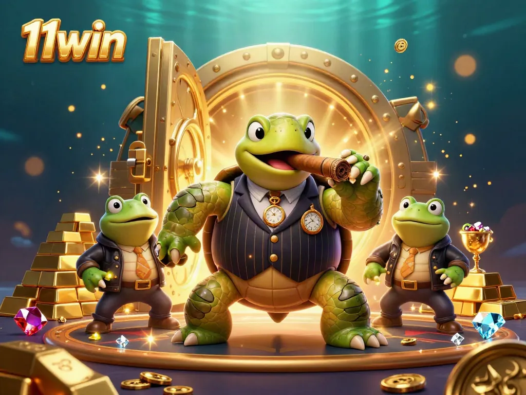 Experience the thrill of 11win as the snapping turtle and bullfrog enforcers discover treasure and gems in a vibrant casino scene.