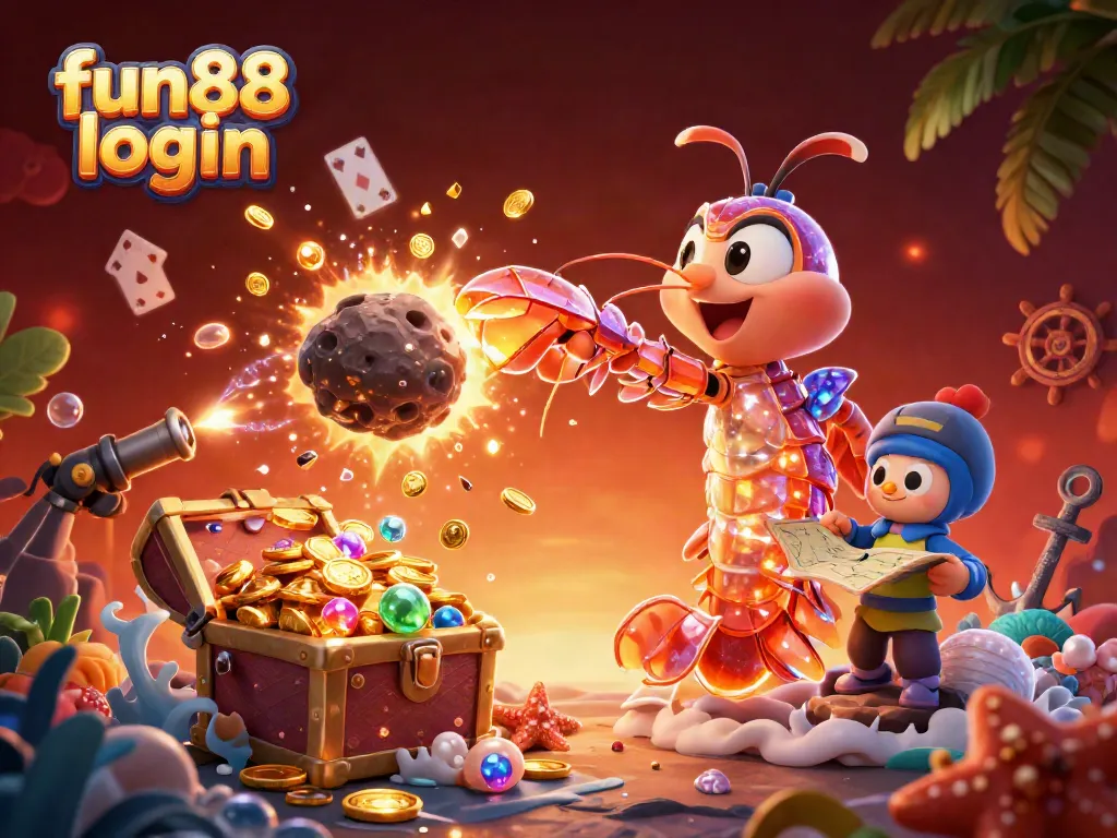 Experience fun88 login with an exciting scene of a galactic mantis shrimp battling asteroids amidst golden gems and coins in a vibrant casino-themed setting.
