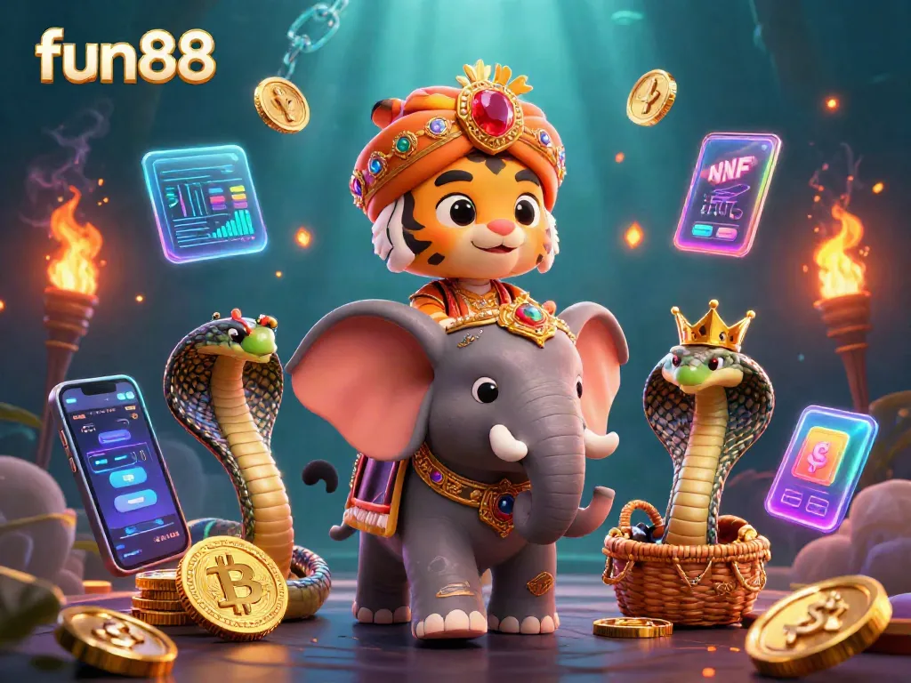 Experience fun88's vibrant casino scene with cartoon characters and crypto elements