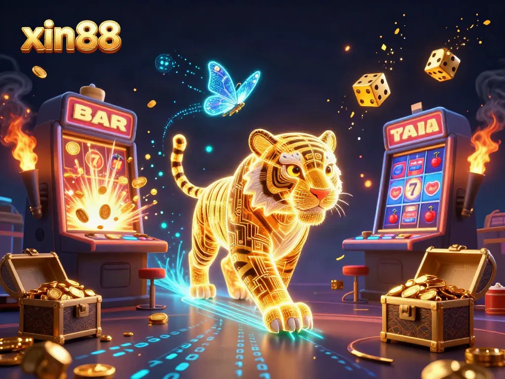 Experience thrilling gameplay with xin88 featuring a neon-wireframe tiger in a vibrant digital casino landscape.