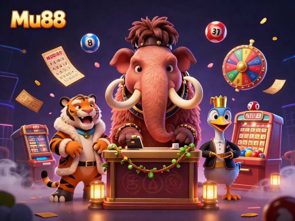 Join the excitement at Mu88, featuring colorful lottery elements and vibrant casino characters.