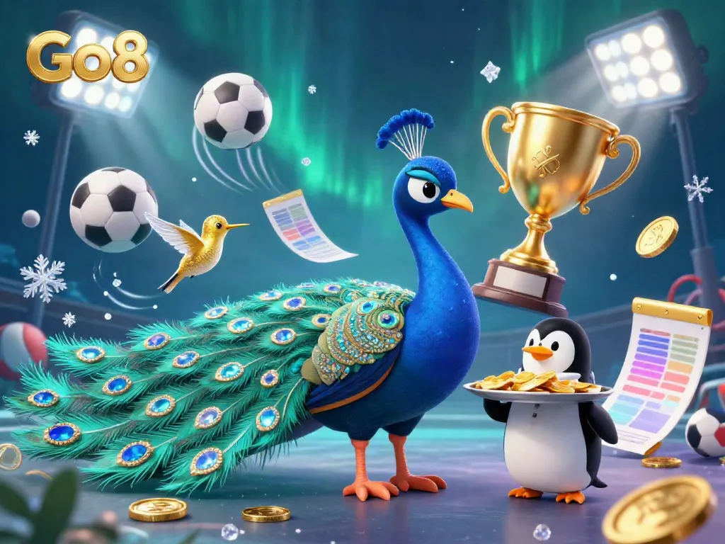 Experience the thrill of Go8 with a vibrant scene of gaming excitement, featuring a peacock, penguin, and hummingbird.