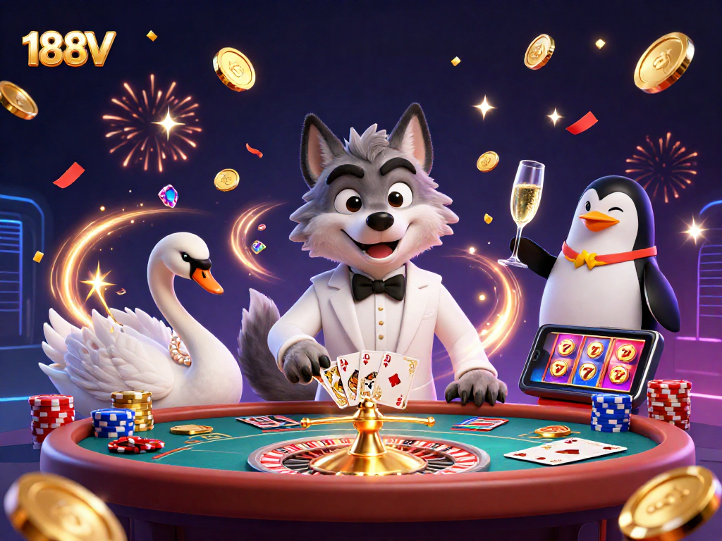 Experience the excitement of 188V with vibrant casino characters and dynamic gaming elements.