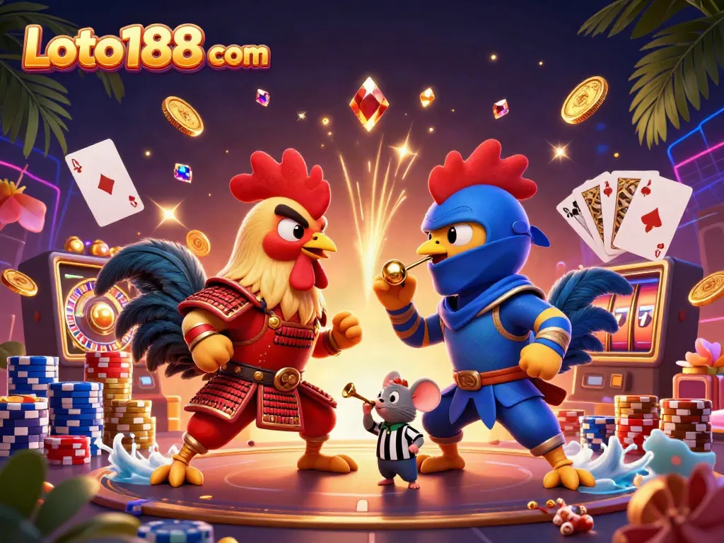 Experience exciting action with Loto188 com as roosters clash in a vibrant casino scene.