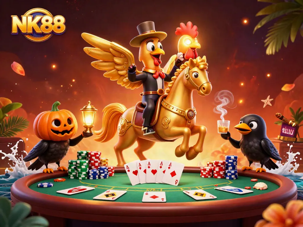 Experience exhilarating gameplay with NK88, a dynamic casino illustration featuring a golden rooster and poker elements.