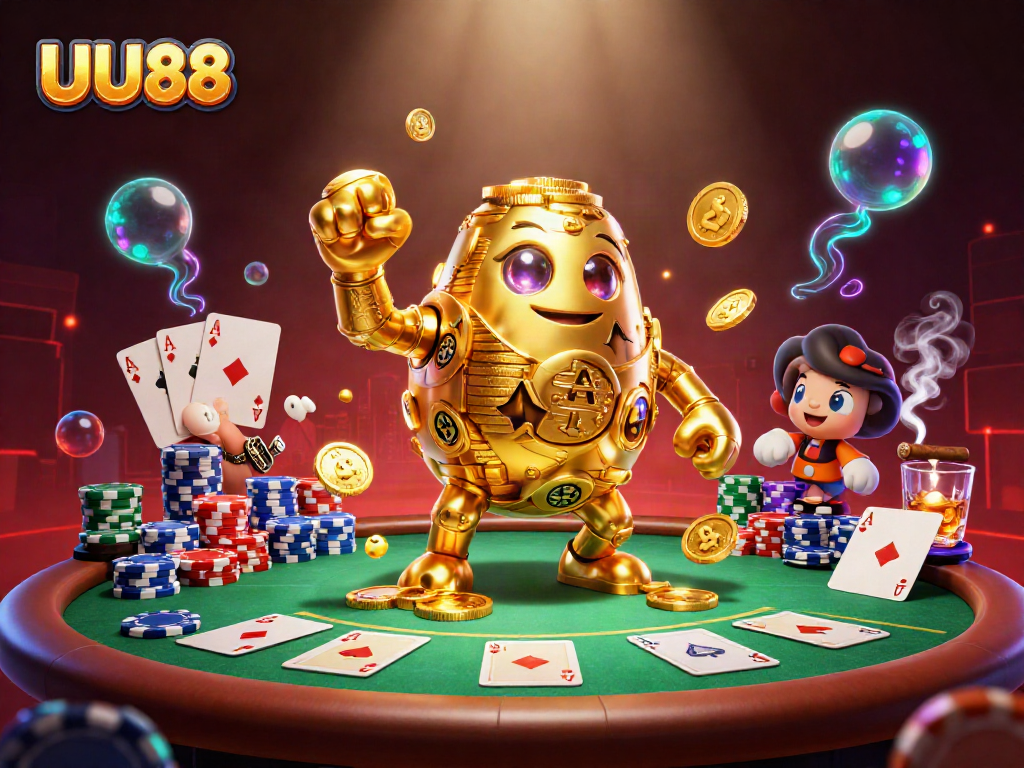 Experience the lively UU88 poker scene with a golden golem and dynamic game elements.
