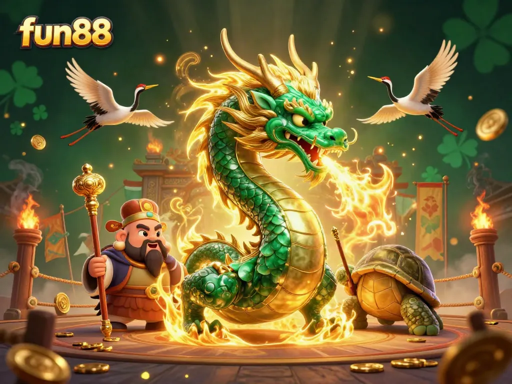 Play exciting games at fun88, featuring a jade dragon and sage in a vibrant casino scene.