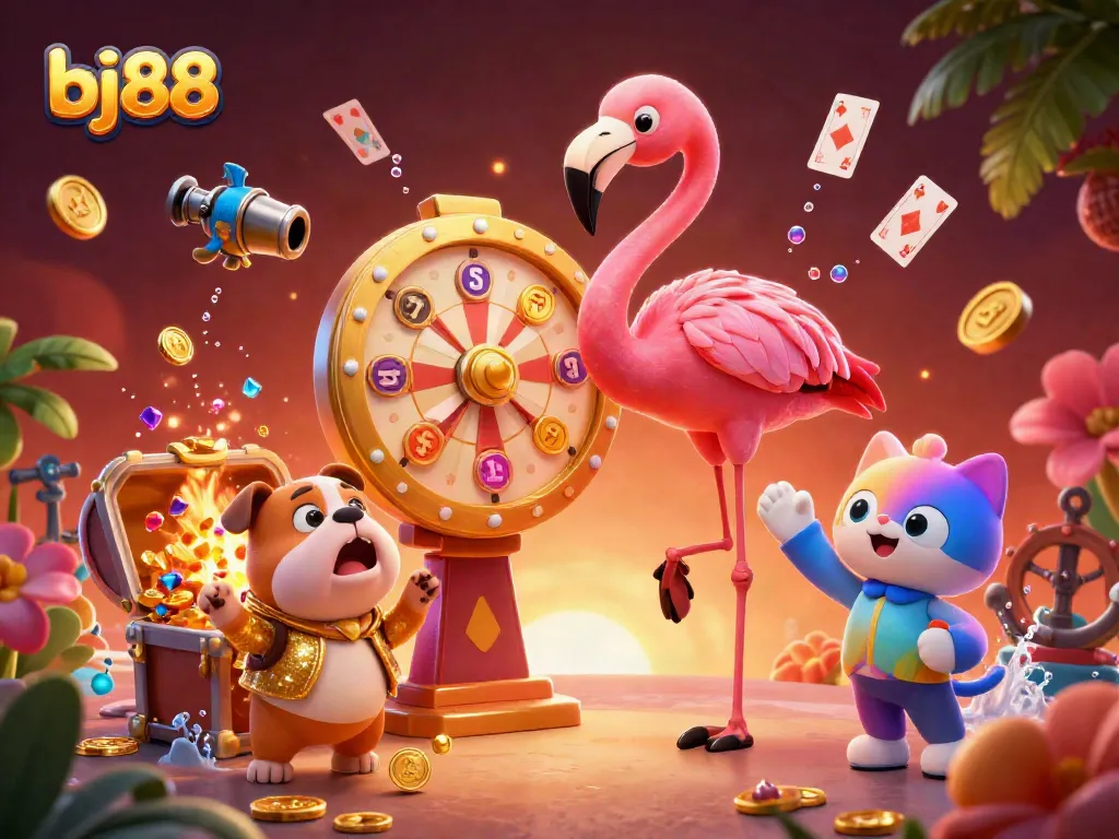 Engage in thrilling gameplay at bj88, with a vibrant 3D scene featuring game show characters and casino elements.