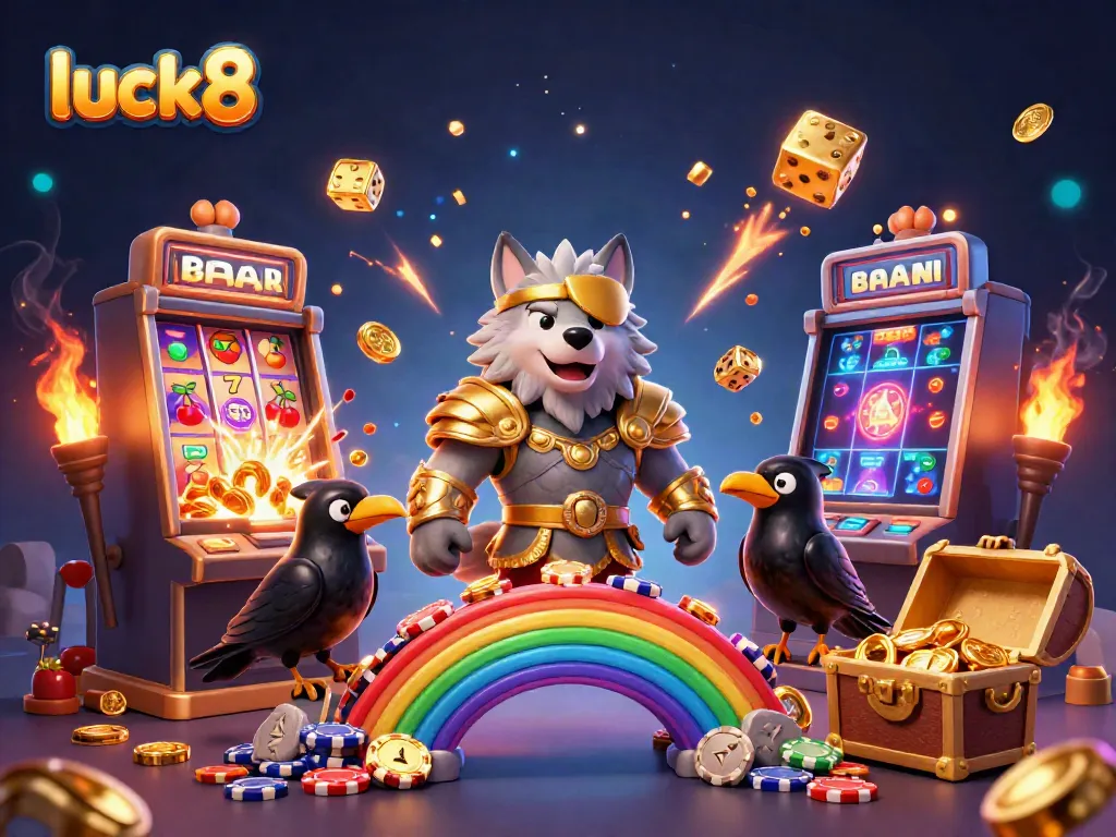 Experience excitement at luck8 with a dynamic scene of Odin and ravens surrounded by slot game elements and jackpots.