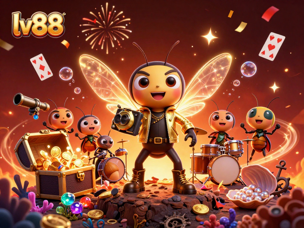 lv88 players celebrate big wins with vibrant casino-themed illustration featuring game elements and energetic characters.