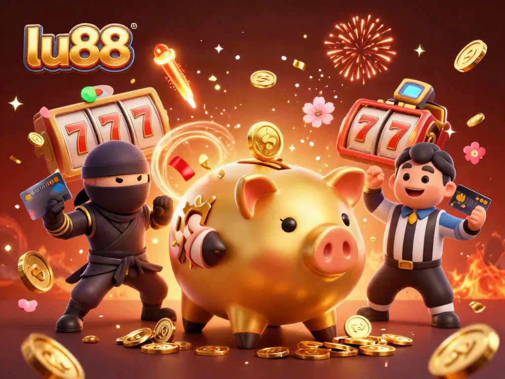 Experience exciting gaming at LU88 with dynamic visuals featuring a golden piggy bank and intense action.