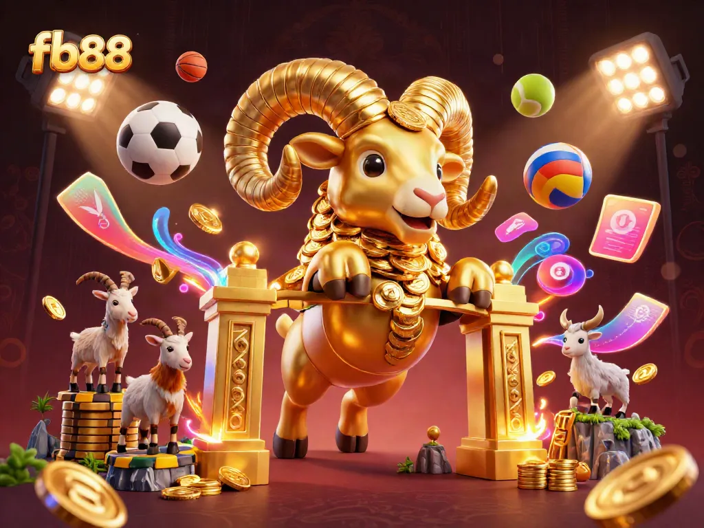 Experience the excitement of fb88 with golden ram, sports elements, and casino vibes in 3D illustration.
