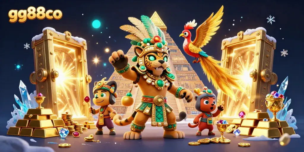 Spin the reels with gg88co's vibrant Mayan-themed casino scene, featuring treasures and a lively atmosphere.