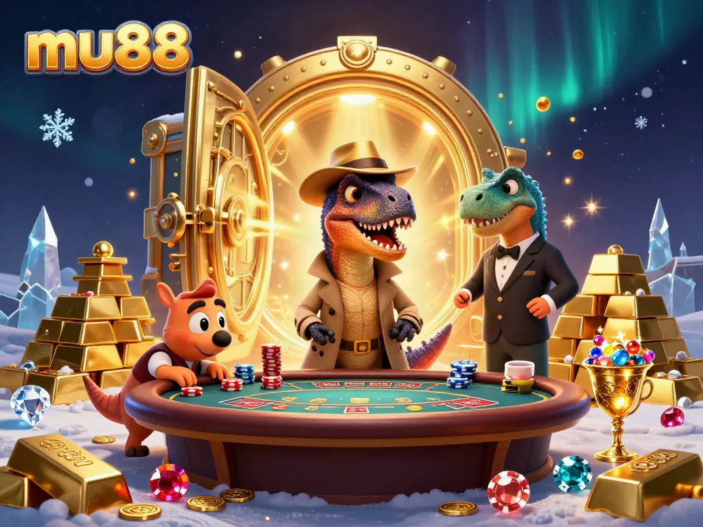 Win big with mu88 at this colorful casino scene featuring lively dinosaur characters.